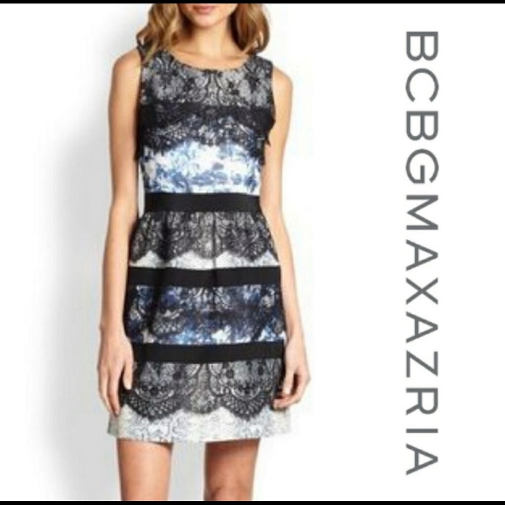 BCBG Makena Blue with black lace A-line dress